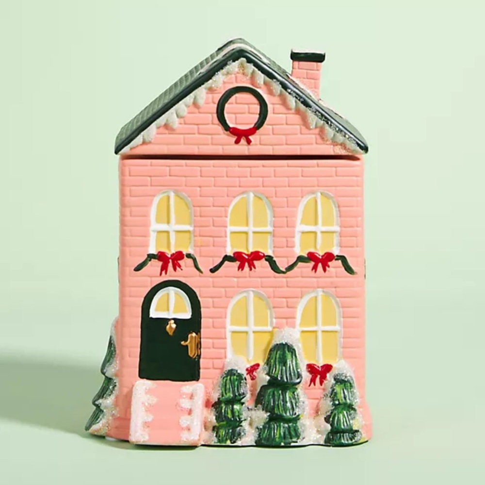 Anthropologie 4 Wick Ceramic Pink and Green Holiday town house candle